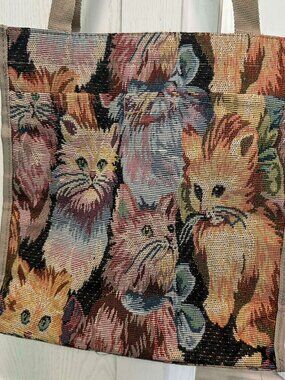 Vintage Cat Tapestry Tote Bag Purse Matching Coin Purse Kitten Kitty Print